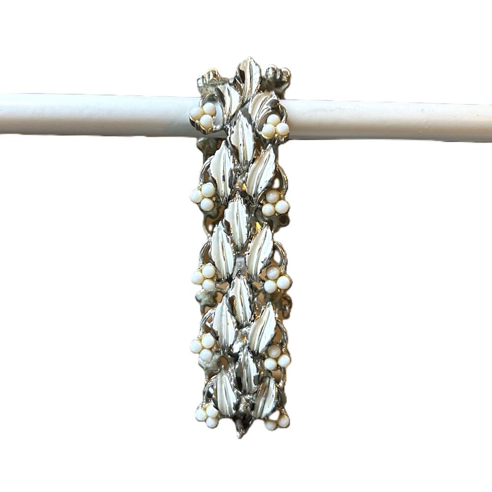 Vintage Coro Silver Tone White Enamel Leaf Berry Bracelet